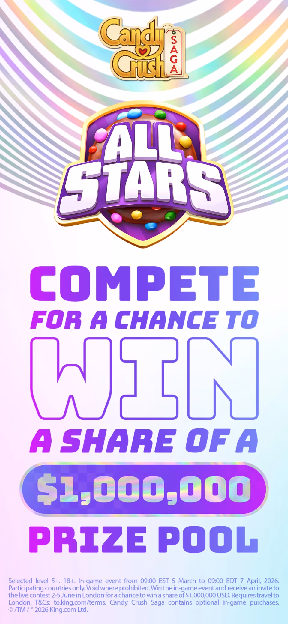 Candy Crush All Stars campaign artwork promoting a one-million-dollar prize pool